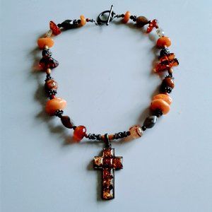 vintage amber multi stone sterling necklace amber stone nugget sterling cross